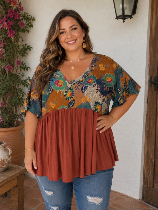Luna Tops - Boho Floral Babydoll Blouse, Flowy Tunic Top Boutique Style Size 1X